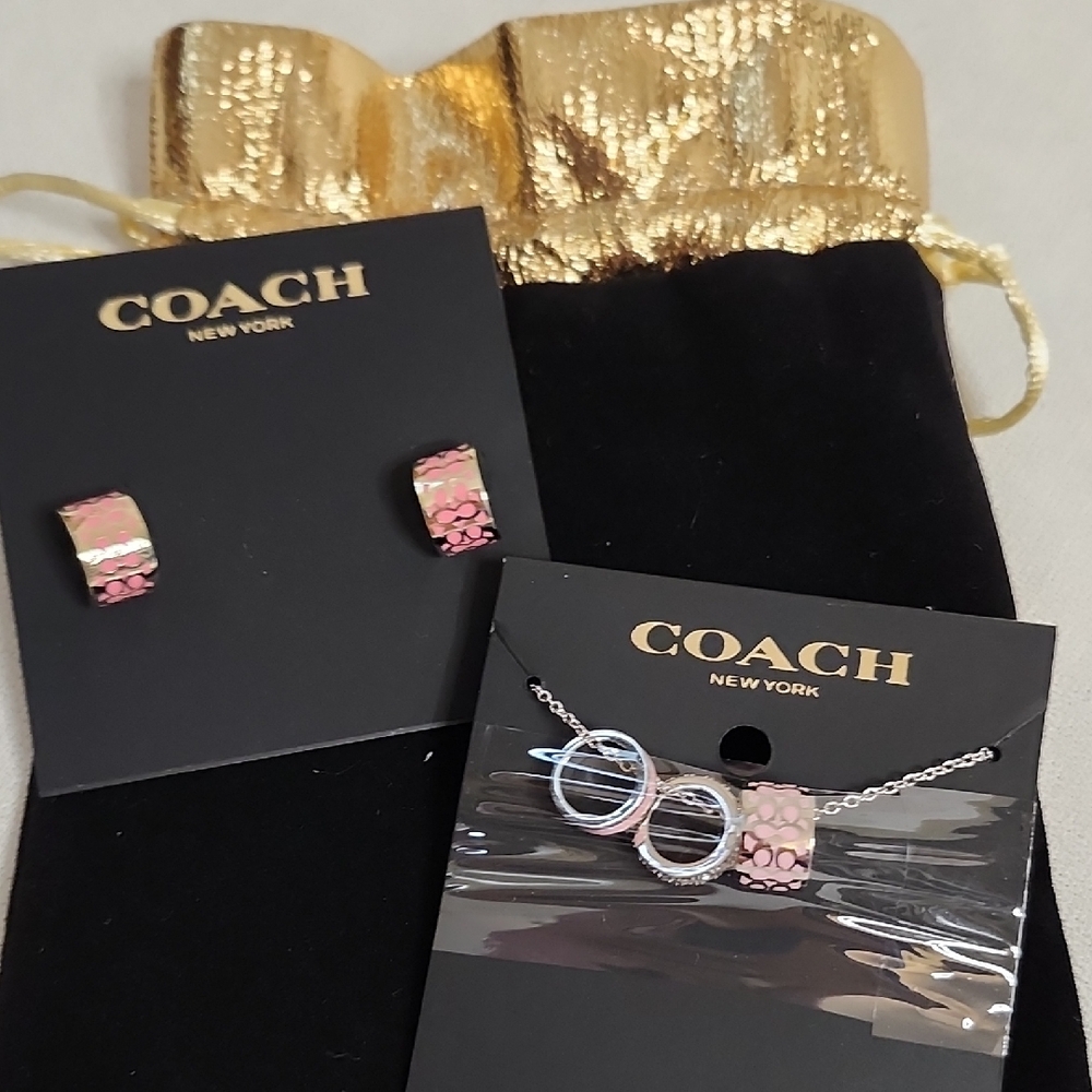 Coach Signature Pink Enamel Ring Necklace And Pink Huggie Hoop Earrings Set